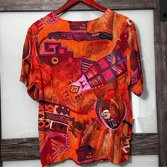 Vintage Karen Kane Multicolor Abstract Top Wearable Art Orange & Brown Statement - Picture 2 of 7